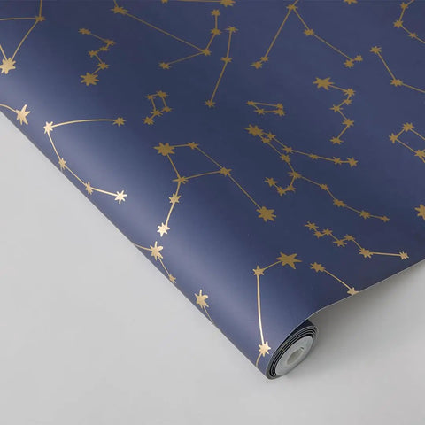 Navy Blue And Metallic Gold Constellations Removable Peel And Stick Wallpaper For DIY Home Decor, Self Adhesive, Repositionable Roll