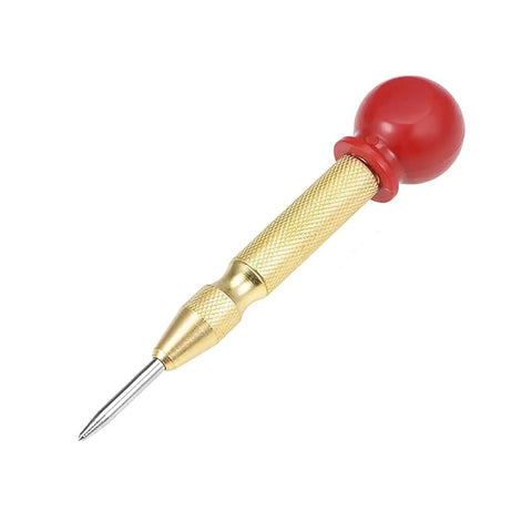 No Fuss Boss Level Automatic Center Punch And Emergency Glass Breaker, Heavy Duty High Precision Spring Loaded Impact Marker For Metal Wood Diy Shop And Home Fixtures with gold and red design.