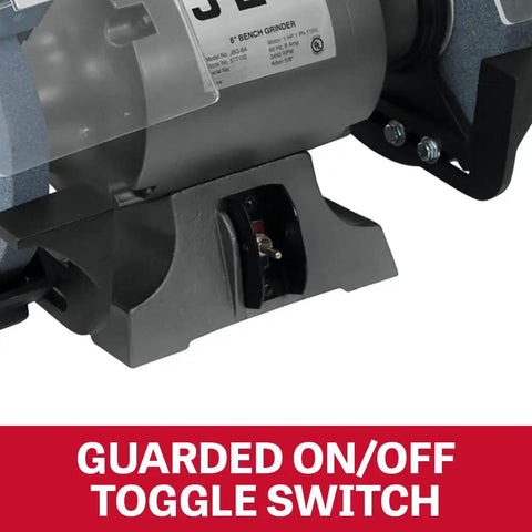 8-Inch Bench Grinder With 3450 RPM, 1/2 HP, 120V Single-Phase, Includes 60 and 36 Grit Vitrified Wheels, Enclosed Permanently Lubricated Bearings, Cast Iron Guards, Dust Vents, Quick-Adjust Spark Guard, Rubber Mounts, Big Eye Shields