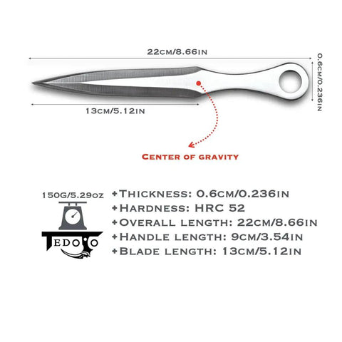 Kunai Inspired Throwing Tool With Full Tang Stainless Steel Build, 8.66 Inch Blade, specs and dimensions displayed