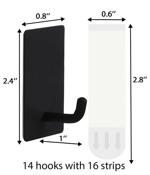 Black stainless steel hook dimensions with removable adhesive strip for 14 Pack Towel Hooks With Removable Strips Heavy Duty Adhesive Wall Mounts For Indoor And Outdoor Use No Damage Shower Bathroom Robes Towels Decor Black 304 Stainless Steel No Fuss Easy Install.