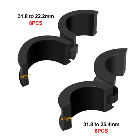 16 Pack Bicycle Handlebar Rubber Gaskets And Spacers 31.8 To 22.2 Or 25.4 Mm Non Slip Durable Adapter Kit in black with measurements