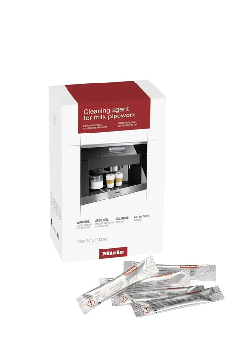 Milk Pipework Cleaner For Coffee Machines, box of 100 sachets, shown with sachets, Easy Descale And Freshen Milk Lines, Miele CVA 5060/5065