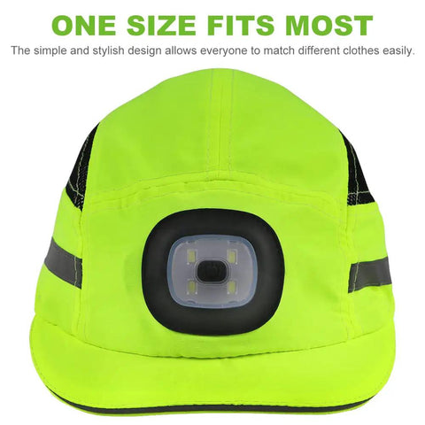 Lightweight Bump Cap With LED Light For Work Safety Baseball Cap Style Hard Hat Alternative in lime green, front view
