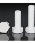 Heavy Duty PTFE Plastic Hex Cap Bolts M14 X 2.0 Pitch By 40Mm Long Pack Of 10 showing three white hex bolts on a dark background.