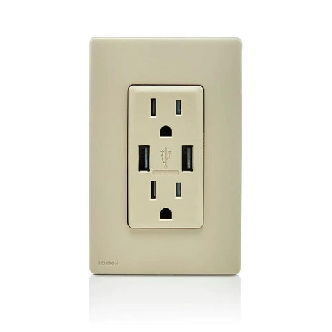 Renu USB Charger And Tamper-Resistant Duplex Outlet with USB ports, installed with beige wallplate