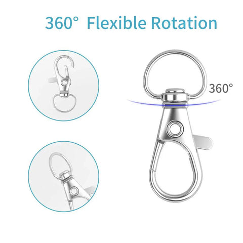 360° swivel lobster claw clasp feature from 100 Pcs Keychain Hooks With Key Rings And 360 Degree Swivel Lobster Claw Clasps For Keychains Lanyards Jewelry Making Crafts Durable Zinc Alloy Lead Free Environment Friendly Silver; shown in silver with flexible rotation.