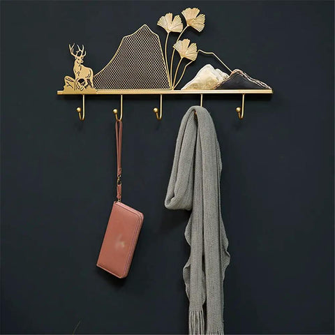 Tough Metal Wall Hook Heavy Duty Coat Rack With Extra Spacious Storage For Keys Umbrellas Coats And Hats, gold design with 4 hooks.