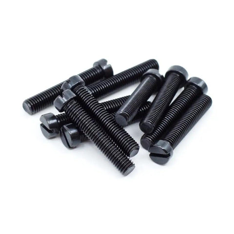 Precision Black Oxide Slotted Fillister Head Gun Screws Built Like A Tank 6 48 X 3 4 Inch Fasteners For Firearm Assembly and Tactical Scope Mounting Hardware, ten screws laying flat.