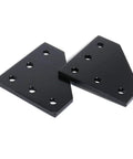 Two anodized black Ten Pack 60x60x4mm L Shaped Corner Bracket Plate For 20x20mm Aluminum Extrusion 5 Hole 90 Degree Outside Joining Plates
