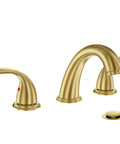 Brushed Gold Widespread 8 Inch 2-Handle Bathroom Faucet With 3-Hole Setup And Metal Pop Up Drain Assembly Low Arc Sink Faucet For 1.38 Inch Thick Countertops Modern Design WF008-5-BG, showing faucet and handles side view.