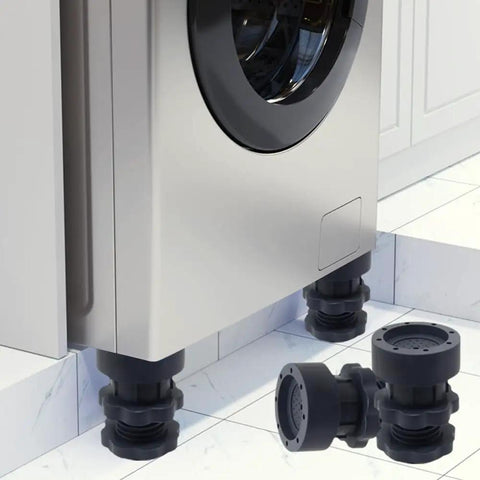 Heavy Duty Adjustable Leveling Feet For Washers Dryers And Fridges With Grippy Rubber Pads That Shut Out Moisture Guard Floors And Make Quick Tidy Ups A Total Breeze Solid Four Pack under a washing machine on tiled floor.