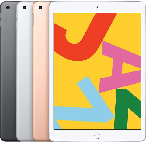 Pre Owned Seventh Gen Ten Point Two Inch Wireless Tablet Thirty Two Gb Storage Silver Body Touch Id Sensor A10 Fusion Processor Mean Performance featuring sleek design with colorful display.