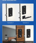 No Fuss App Driven Smart Deadbolt Lock Offering Seamless Keyless Entry on wooden and security doors in two scenarios.