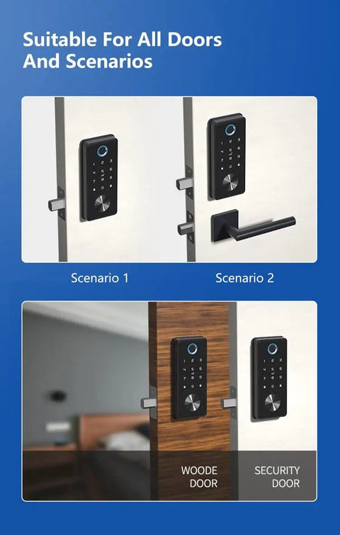 Premium Wireless Smart Lock Electronic Deadbolt Equipped With Smartphone App Control And Digital Key Fob System For Home Office Apartment Hotel Guest Access No Sweat Setup on wood and security doors.