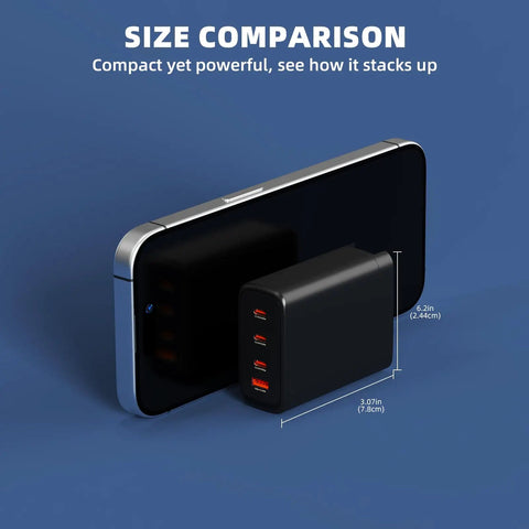 GaN 100W Battery Charger For DJI Drones With Four USB C Ports And 1M Cable next to smartphone for size comparison