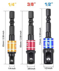 Grab These 3-Piece Drill Socket Adapter Sets With One-Quarter, Three-Eighth And Half Inch Hex Shank Extensions Perfect For Your Impact Wrench Driver Kit. 1/4, 3/8, 1/2-inch chrome vanadium steel adapters
