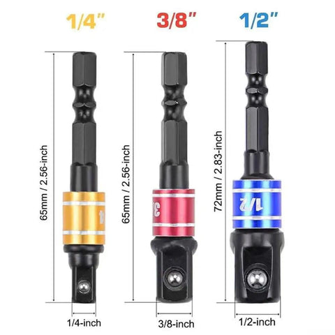 Grab These 3-Piece Drill Socket Adapter Sets With One-Quarter, Three-Eighth And Half Inch Hex Shank Extensions Perfect For Your Impact Wrench Driver Kit. 1/4, 3/8, 1/2-inch chrome vanadium steel adapters