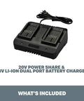 20V Li Ion Dual Port Charger for 18V/20V batteries with power share compatibility and plug, shown from above