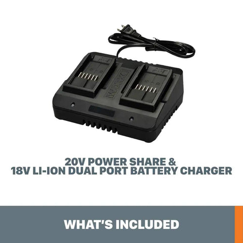 20V Li Ion Dual Port Charger for 18V/20V batteries with power share compatibility and plug, shown from above