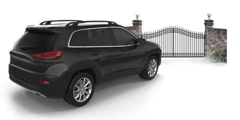 Car approaching gate with CP-4 Smart Driveway Free Exit Wand Sensor System With 100 Foot Cable For Gate Openers installed