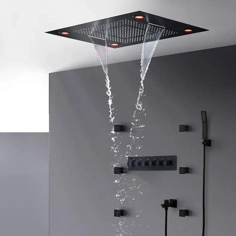 Heavy Duty Brass Shower System With Glowing Led Fixtures And Multifunctional Hand Spray with overhead rain shower and wall fixtures.