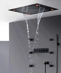 Slick Modern Brass Shower System With Adjustable Swivel Arm And Clear Led Water Temp Display, Rock Solid Multifunctional Handheld Head, Corrosion Resistant Finish, No Fuss Easy Wall Mount Setup For Your Home Bath Spa Vibes with overhead shower head.