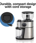Electric Burr Coffee Grinder with Large 16 Ounce Hopper and 18 Precision Grind Settings, shown with cord storage.