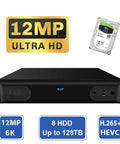 12MP Ultra HD NVR system with hard drive and storage details, featuring 8 HDD slots and H.265+ HEVC support.