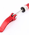 Red aluminum Bike Seatpost Quick Release Clamp And Skewer Fastener Replacement for tool-free height adjustment in cycling.