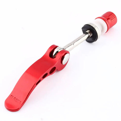 Red aluminum Bike Seatpost Quick Release Clamp And Skewer Fastener Replacement for tool-free height adjustment in cycling.