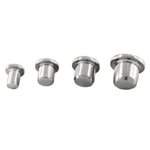 Set of four chrome-plated Dowel And Tenon Center Transfer Plugs in sizes 1/4, 5/16, 3/8, 1/2 inch for DIY woodworkers.