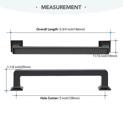 Measurement of 10 Pack 5 Inch Matte Black Cabinet Handles Made From Solid Zinc Alloy For Kitchen Cupboard And Drawer Hardware Center To Center 5 Inch Mounting Pulls