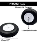 Four Pack 2.5 Inch RC Airplane Foam Wheels With Plastic Hubs, 63mm diameter, black foam and white hub, size details shown
