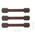 Three brown ABS Material Cabinet Locks 4 Pack For Cupboards And Drawers No Sweat Easy Peel And Stick Safety Straps with measurements
