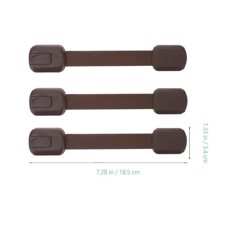 Three brown ABS Material Cabinet Locks 4 Pack For Cupboards And Drawers No Sweat Easy Peel And Stick Safety Straps with measurements