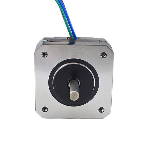 NEMA 17 short-body bipolar stepper motor with silver aluminum housing, protruding shaft, and four colored wires.