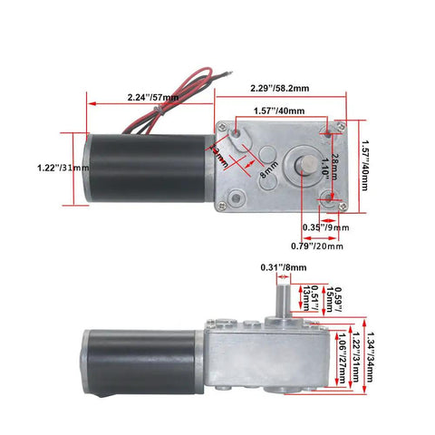 12V DC Worm Gear Motor 40RPM 40kgcm Torque Self Locking 1 To 200 Gear Ratio 8mm Shaft dimensions and measurements