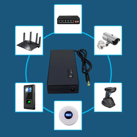 Compact Mini UPS Battery Backup For 12 Volt Routers Cameras And Speakers Emergency Standby Power Supply pictured with connected devices.