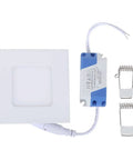 Square LED panel with power driver and mounting clips, white finish