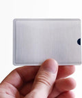 Person holding a silver RFID Blocking Sleeve Anti Theft For 4 Credit Cards And 2 Passports Wallet Pocket Travel Safe.