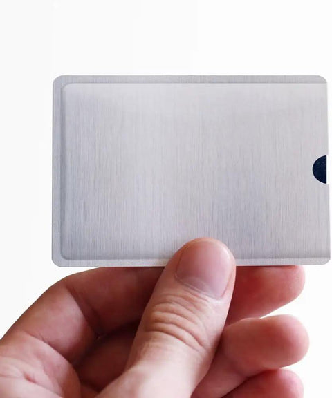 Person holding a silver RFID Blocking Sleeve Anti Theft For 4 Credit Cards And 2 Passports Wallet Pocket Travel Safe.