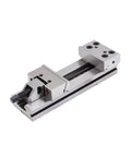 Heavy Duty Eight Inch Machinist Vise For Cnc Mills Featuring Quenched Steel Jaws and Rock Solid Grip viewed from side angle.