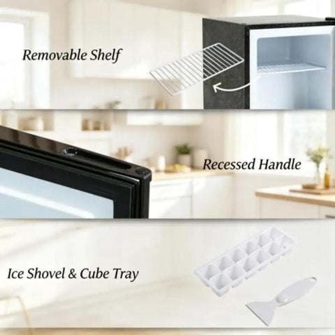 Black Compact Upright Mini Freezer 1.1 Cu Ft Adjustable Thermostat Dial with removable shelf, recessed handle, and ice tray.