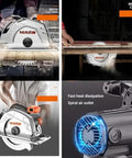 Pro Grade Electric Circular Saw With Aluminum Body For Portable Woodworking Projects Smooth High Speed Cutting Low Noise Stable Operation Slick Clean Cuts For Weekend Warriors in action with wood cutting and air outlet details.