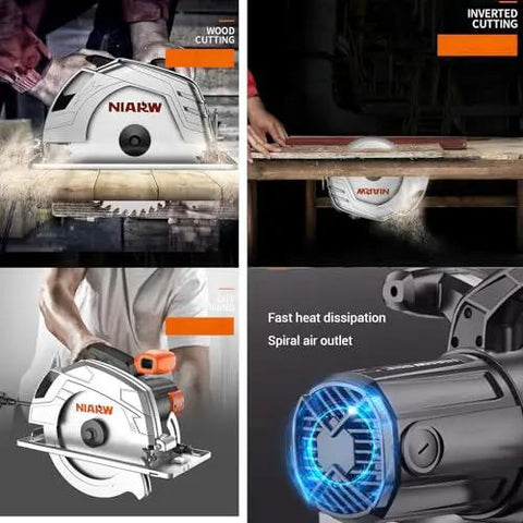 Pro Grade Electric Circular Saw With Aluminum Body For Portable Woodworking Projects Smooth High Speed Cutting Low Noise Stable Operation Slick Clean Cuts For Weekend Warriors in action with wood cutting and air outlet details.