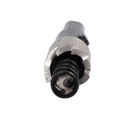 Close-up of 14mm Hole Saw Set with 68mm Length HSS spring-loaded twist drill bit for metal and plastic cutting, front view.