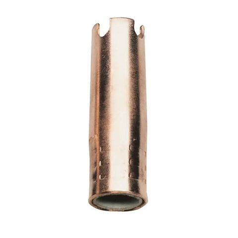 Conical Mig Weld Spot Nozzle KP21-62-FAS for Lincoln Magnum, conical tip, 5/8 inch bore, copper finish visible from side angle.