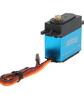 Hella Tight 25Kg Digital Metal Gear Servo Delivering Nasty Torque And Lightning Fast Coreless Response Perfect For 1/10 Scale RC Crawlers Trucks And Robotic DIY side view showing blue anodized metal case and servo wires.