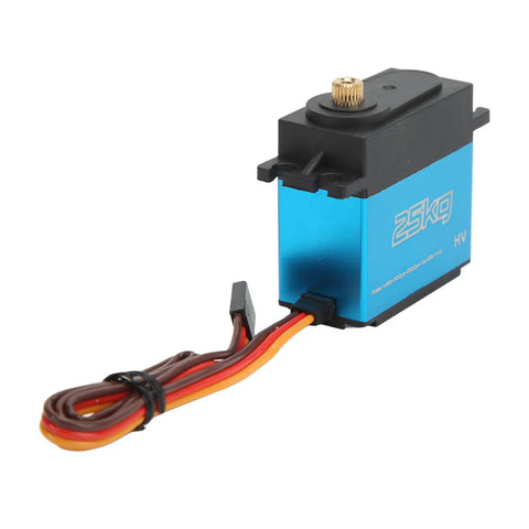 Hella Tight 25Kg Digital Metal Gear Servo Delivering Nasty Torque And Lightning Fast Coreless Response Perfect For 1/10 Scale RC Crawlers Trucks And Robotic DIY side view showing blue anodized metal case and servo wires.